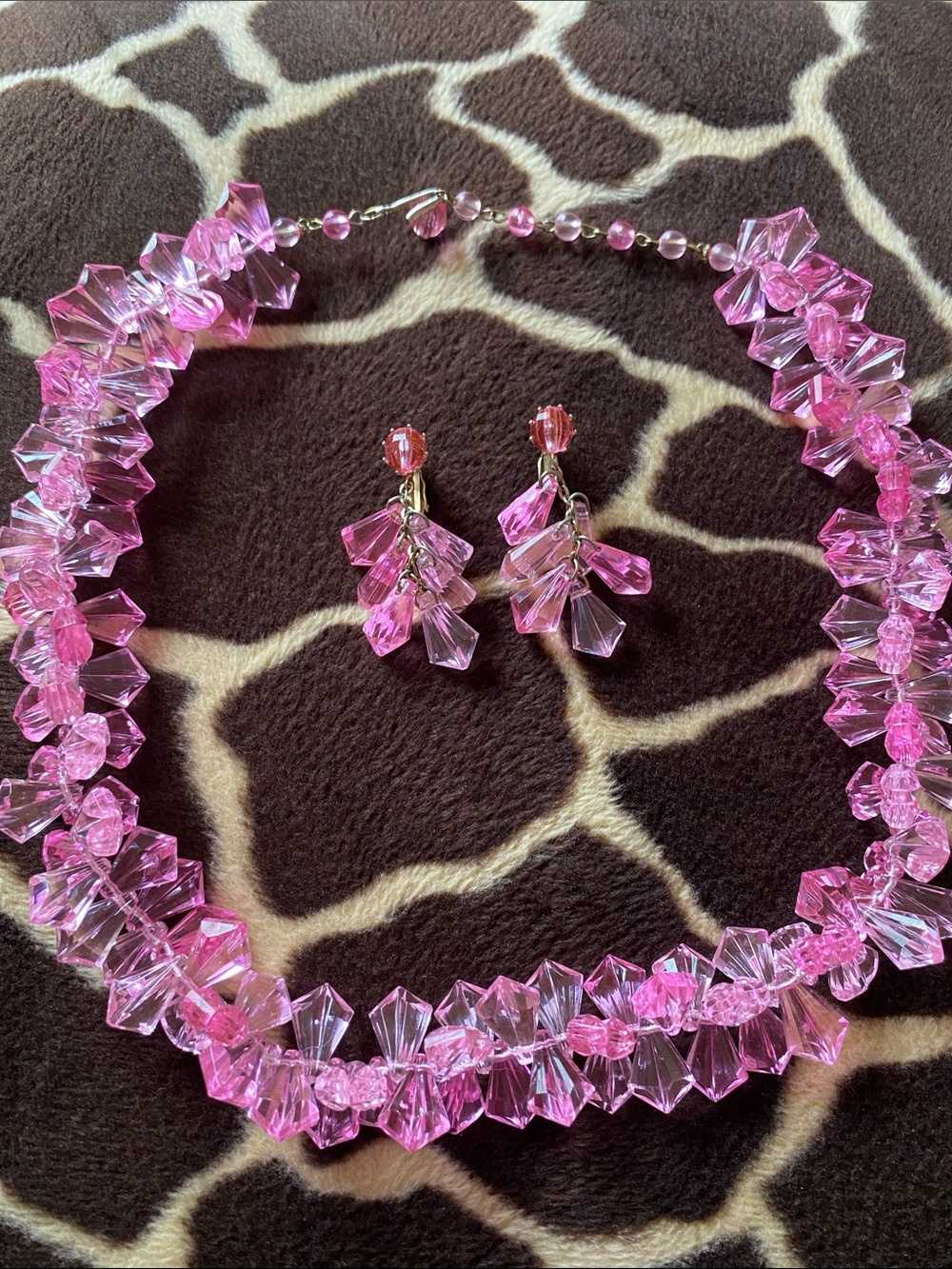 Vintage 60’s Hong Kong Pink Lucite Faceted Beaded Necklace and Clip on Earrings